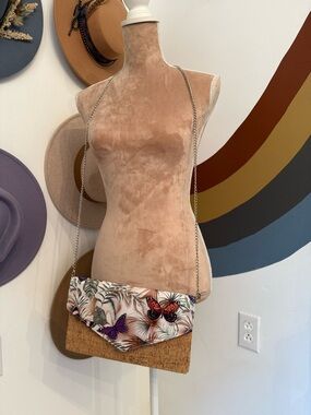 Butterfly Print Cork Crossbody Bag - Natural/Tan
